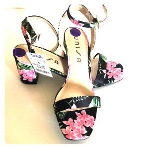 Floral design black and pink block heels